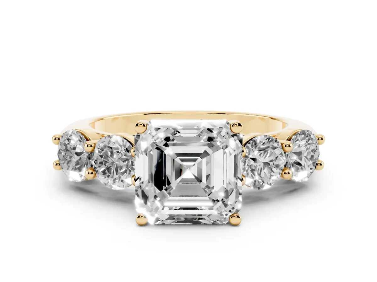 Asscher Cut Cut Five-Stone Prong Set Diamond Ring with Classic Band Yellow gold