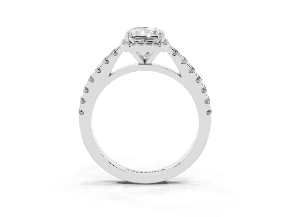 Radiant Cut Cut Halo Diamond Engagement Ring with Pave Band and Four-Prong Setting Silver