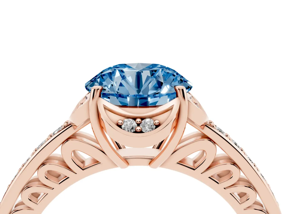 Fancy Blue Round Cut Cut Halo Diamond Ring with Channel Set Band and Four-Prong Setting Rose gold