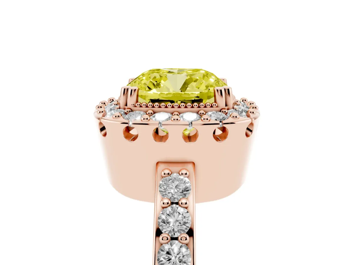 Fancy Yellow Cushion Cut Diamond Halo Ring with Pavé Band and Prong Setting Rose gold