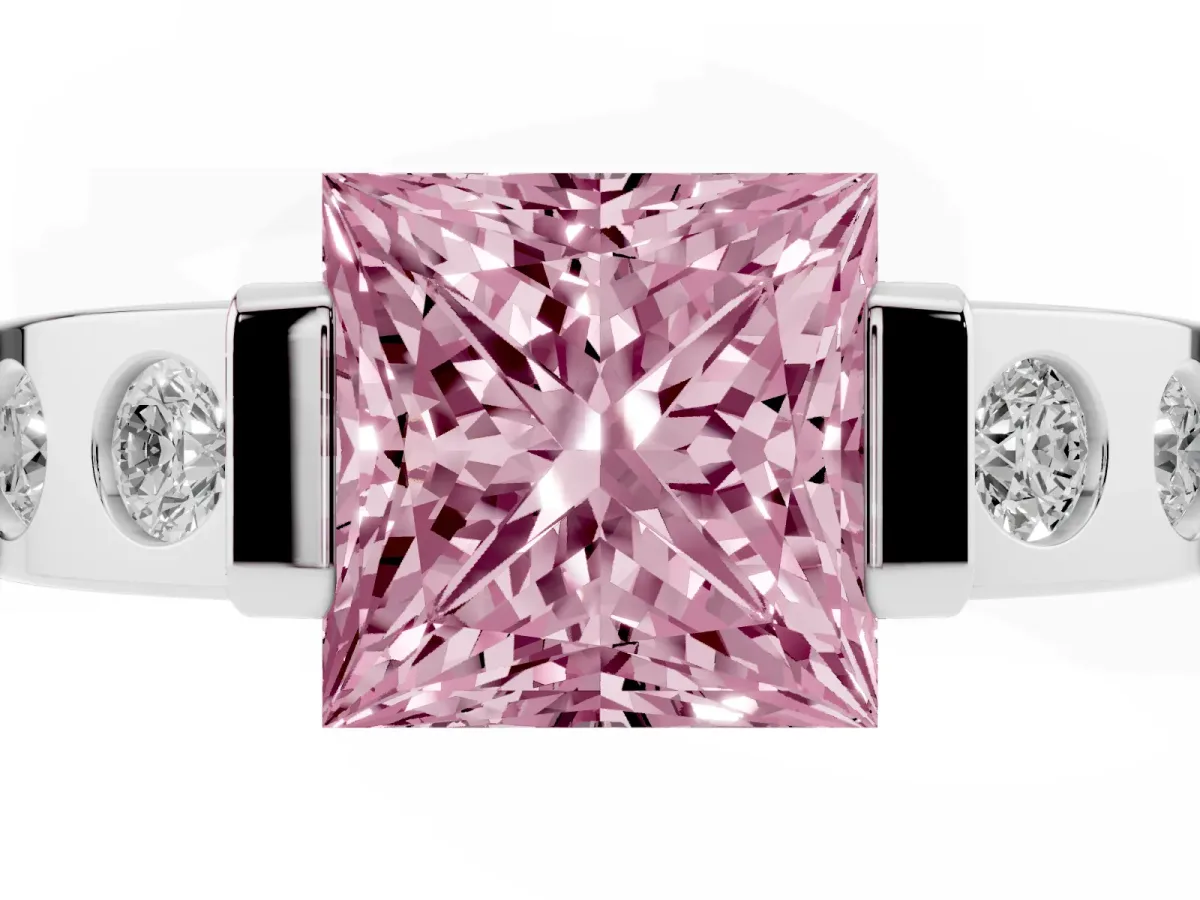 Fancy Pink Princess Cut Brilliant Channel-Set Diamond Ring with Bezel Prong Setting Silver