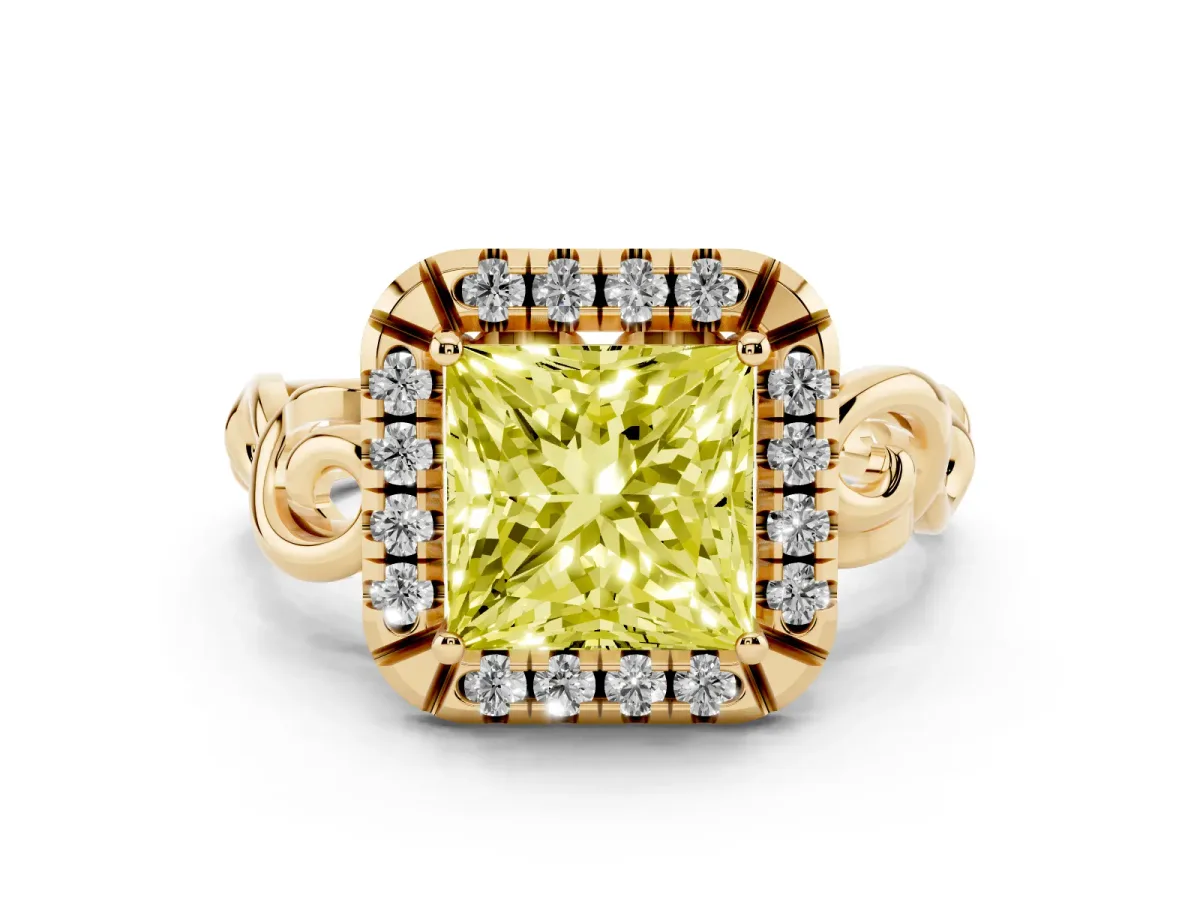Fancy Yellow Princess Cut Cut Halo Diamond Ring with Scrollwork Band and Four-Prong Setting Yellow gold