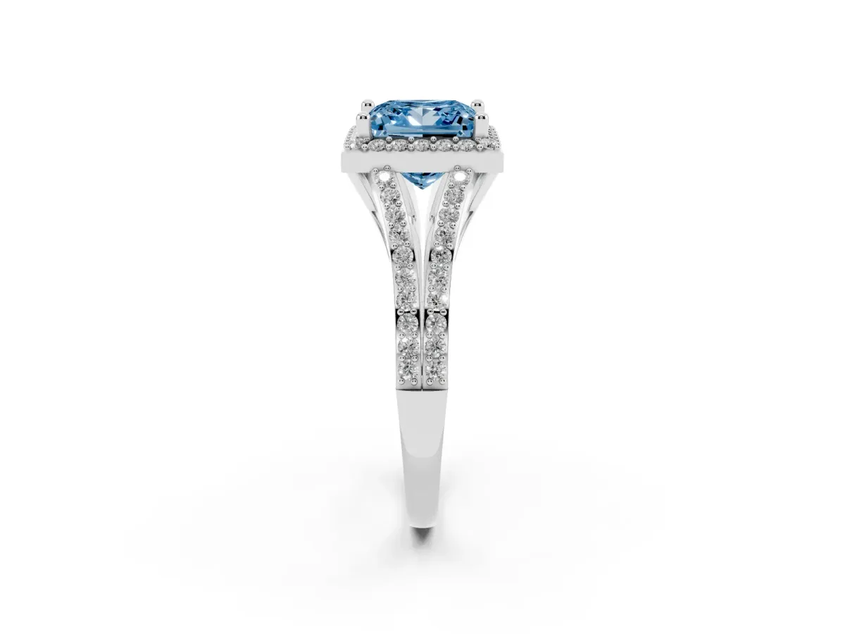Fancy Blue Princess Cut Halo Split Shank Pave Diamond Ring with Four-Prong Setting Silver