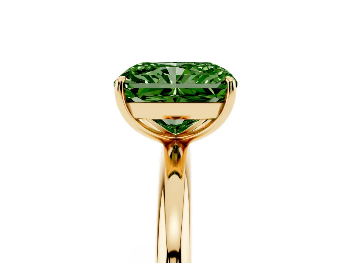 Fancy Green Radiant Cut Solitaire Diamond Ring with Four-Prong Setting on a Plain Band Yellow gold