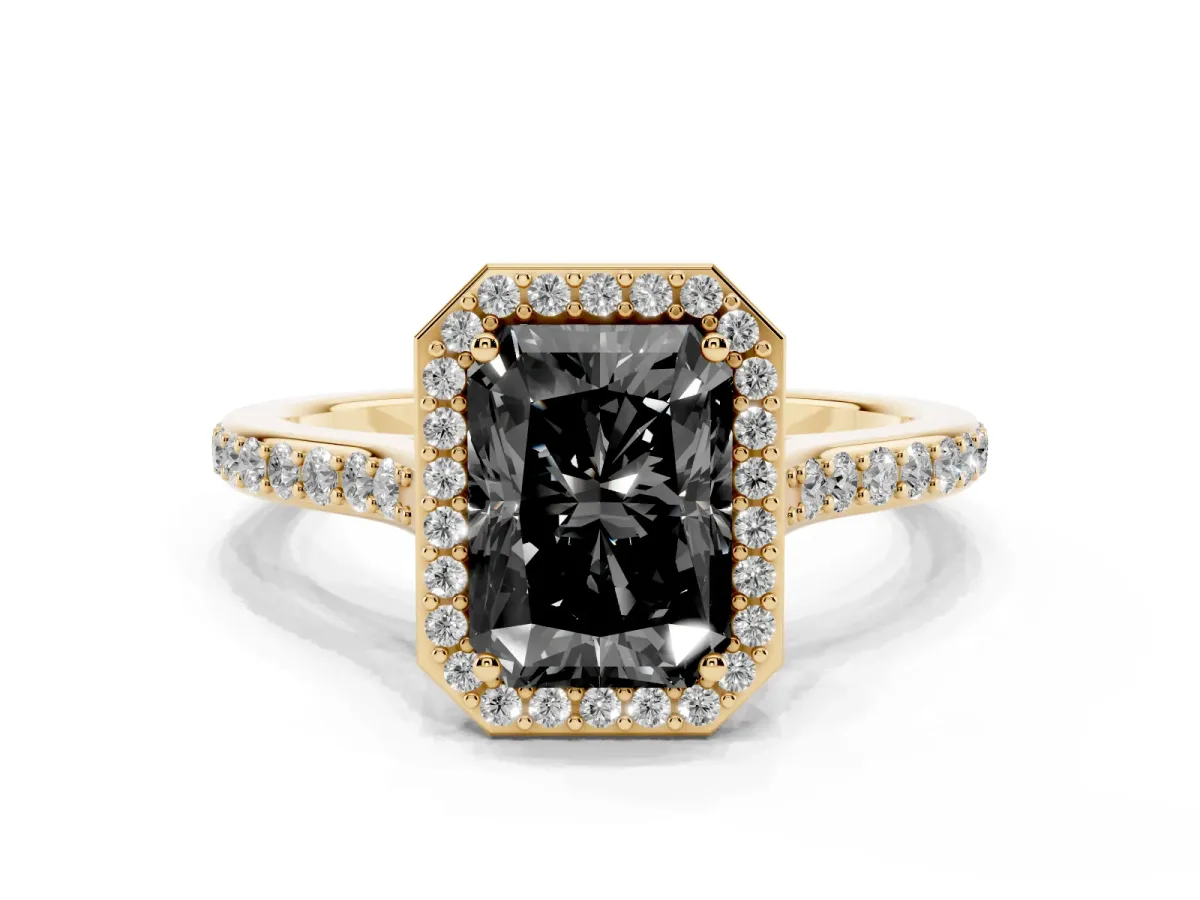 Fancy Black Radiant Cut Diamond Halo Engagement Ring with Round Pavé Shoulders and Prong Setting Yellow gold