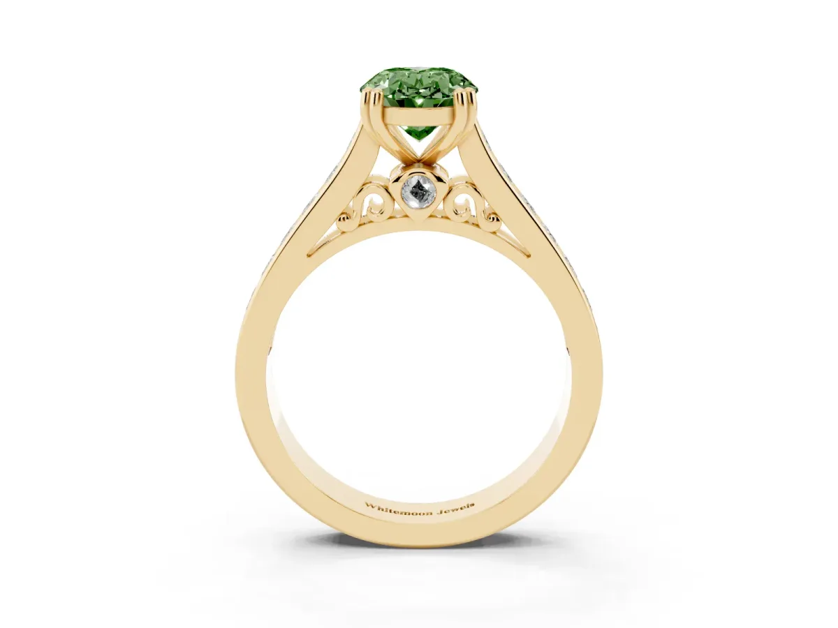 Fancy Green Oval Cut Cut Channel Set Solitaire Engagement Ring with Prong Setting Yellow gold