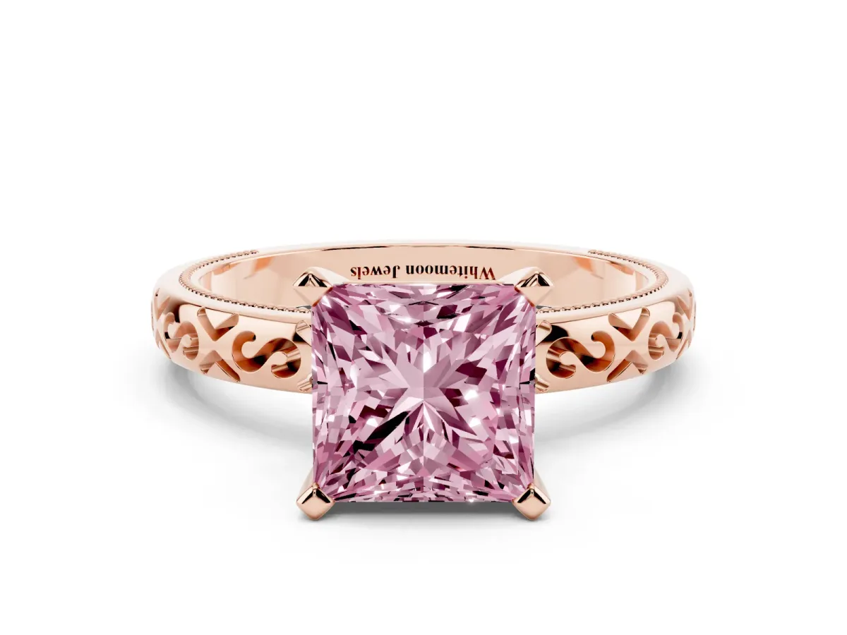 Fancy Pink Princess Cut Solitaire Engagement Ring with Scrollwork Band and Four-Prong Setting Rose gold