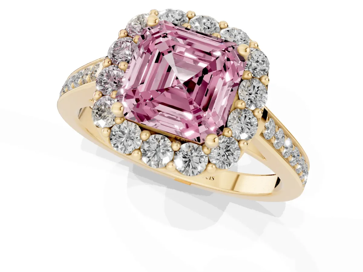 Fancy Pink Asscher Cut Diamond Floral Halo Ring with Pavé Band and Prong Setting Yellow gold