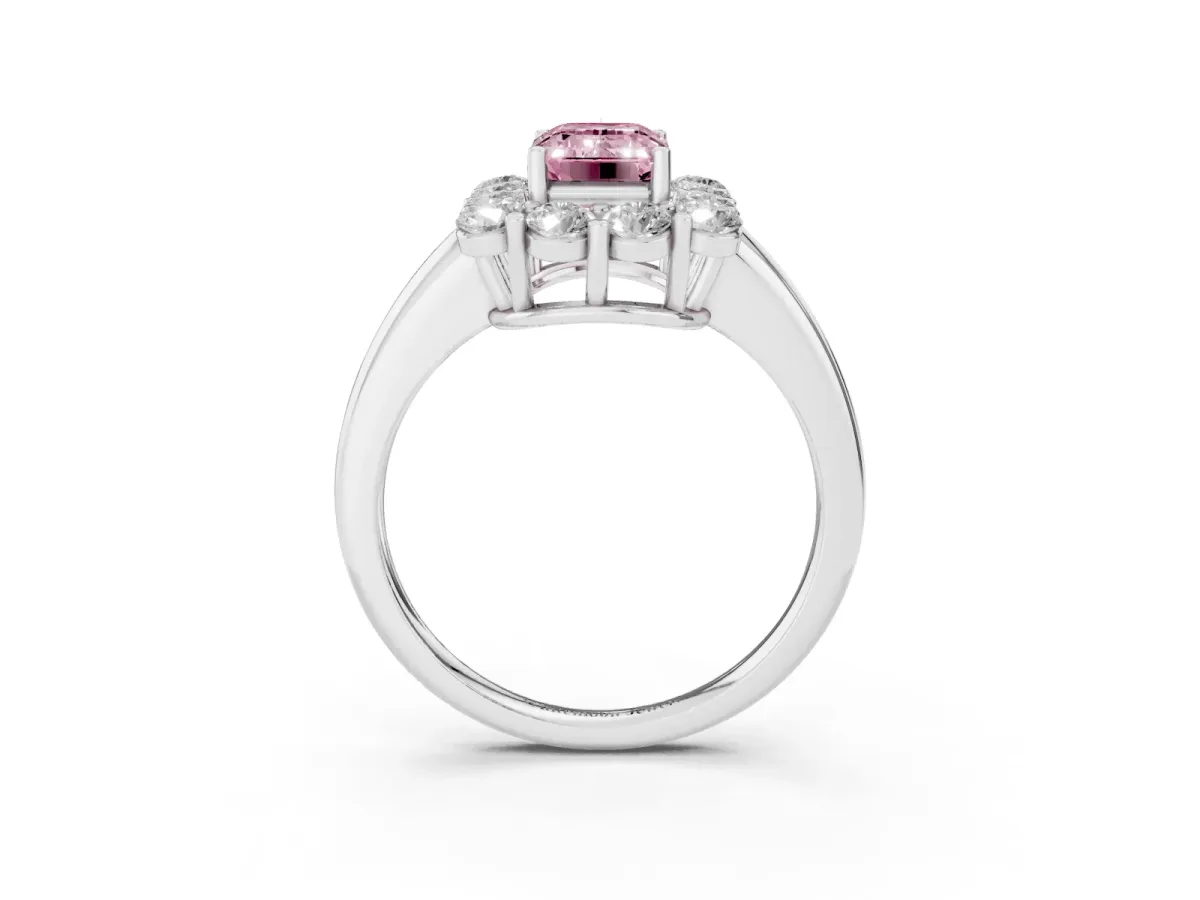 Fancy Pink Emerald Cut Halo Cluster Diamond Engagement Ring with Prong Setting and Polished Band Silver