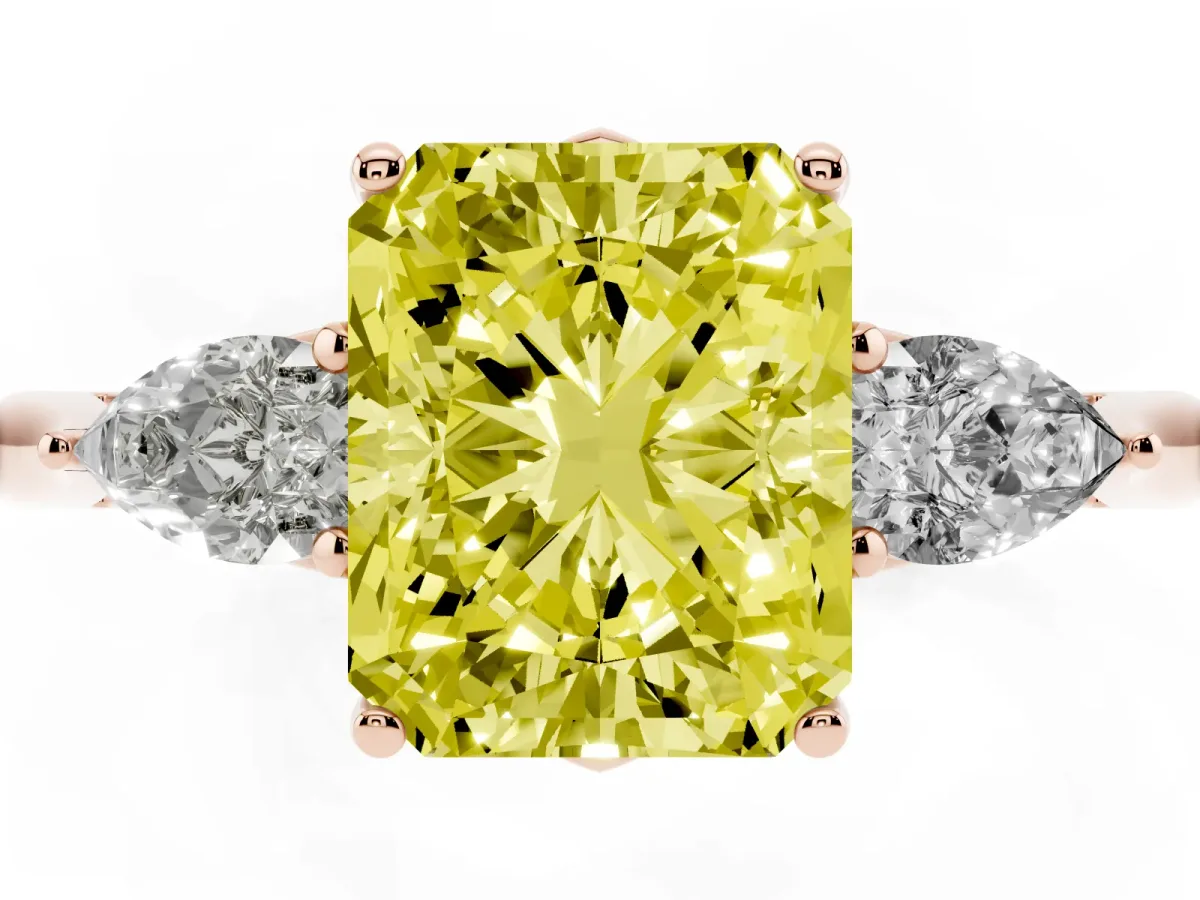 Fancy Yellow Three-Stone Radiant Cut Brilliant Diamond Solitaire Ring with Tapered Band and Four-Prong Setting Rose gold