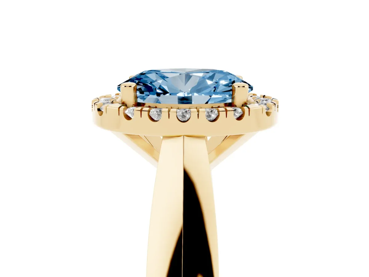 Fancy Blue Oval Cut Cut Halo Solitaire Engagement Ring with Square Band and Four-Prong Setting Yellow gold