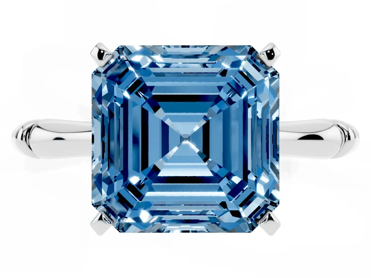 Fancy Blue Asscher Cut Solitaire Diamond Ring with Bamboo Band and Four-Prong Setting Platinum