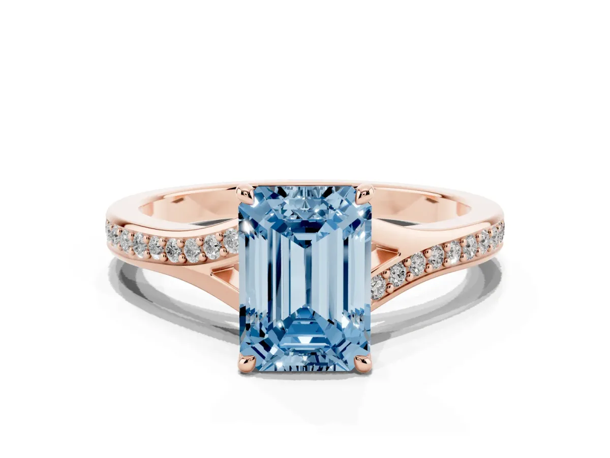 Fancy Blue Emerald Cut Diamond Solitaire Ring with Pavé Band and Prong Setting Rose gold