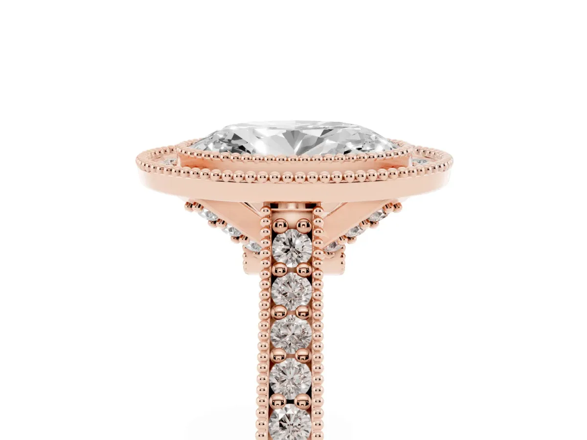 Halo Oval Cut-Cut Diamond Pave Band Milgrain Prong Setting Ring Rose gold