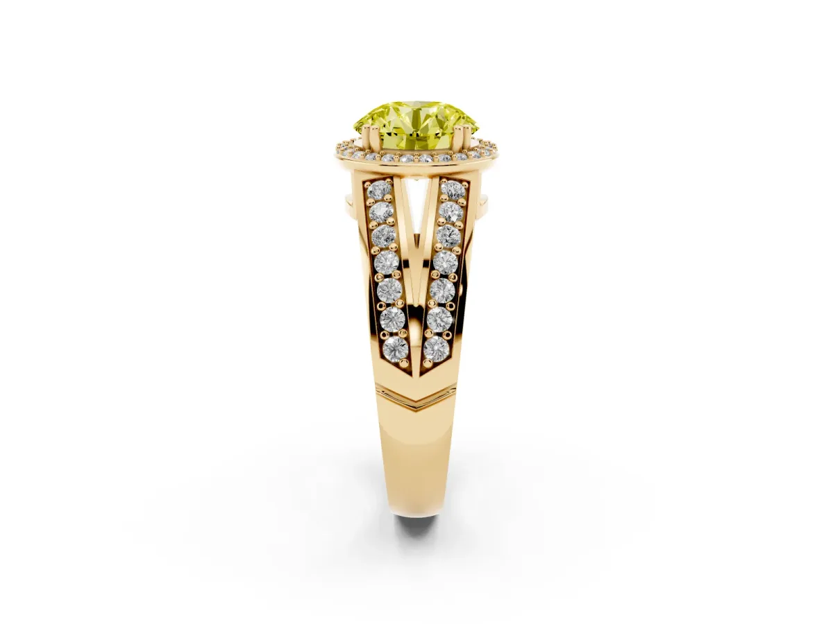 Fancy Yellow Round Cut Diamond Halo Ring with Split Shank Pavé Band and Four-Prong Setting Yellow gold
