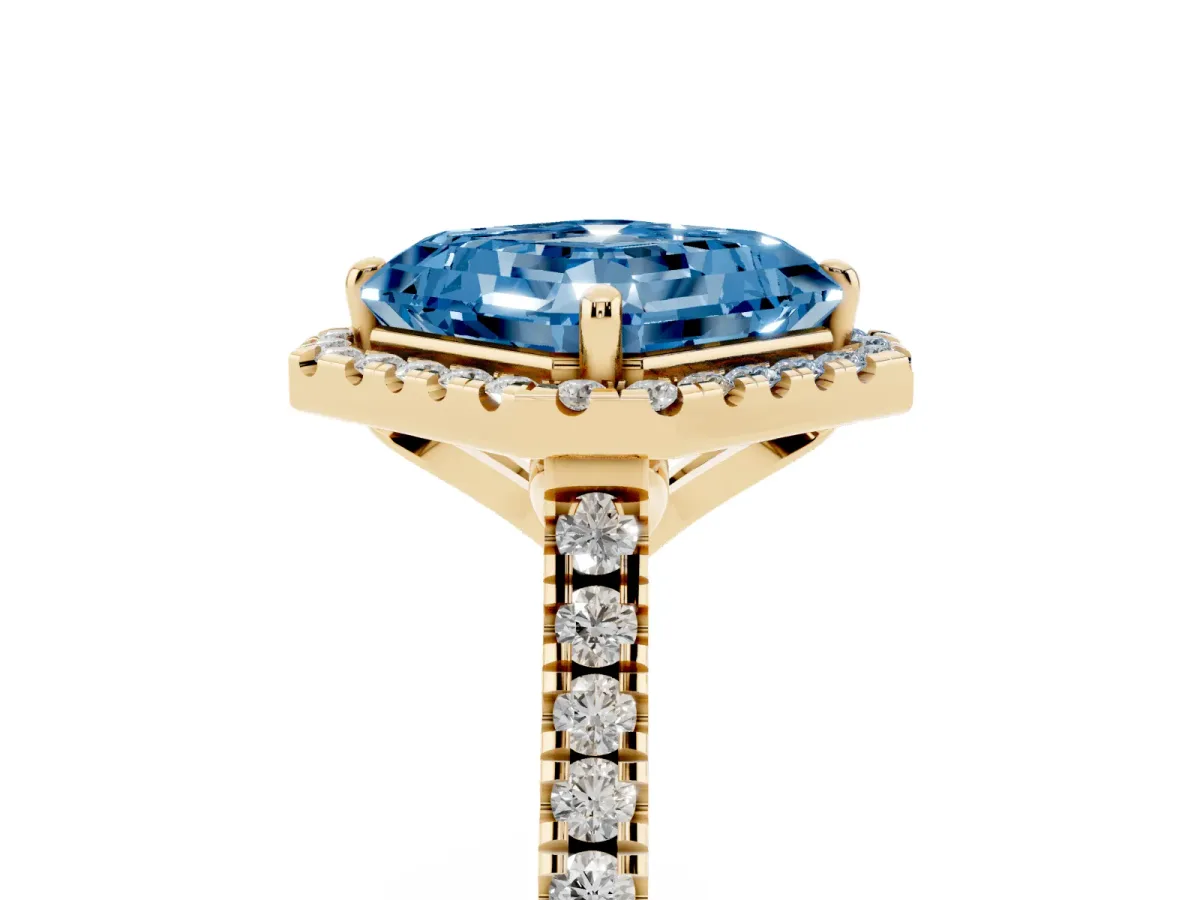 Fancy Blue Asscher Cut Diamond Cushion Halo Ring with Pavé Band Yellow gold