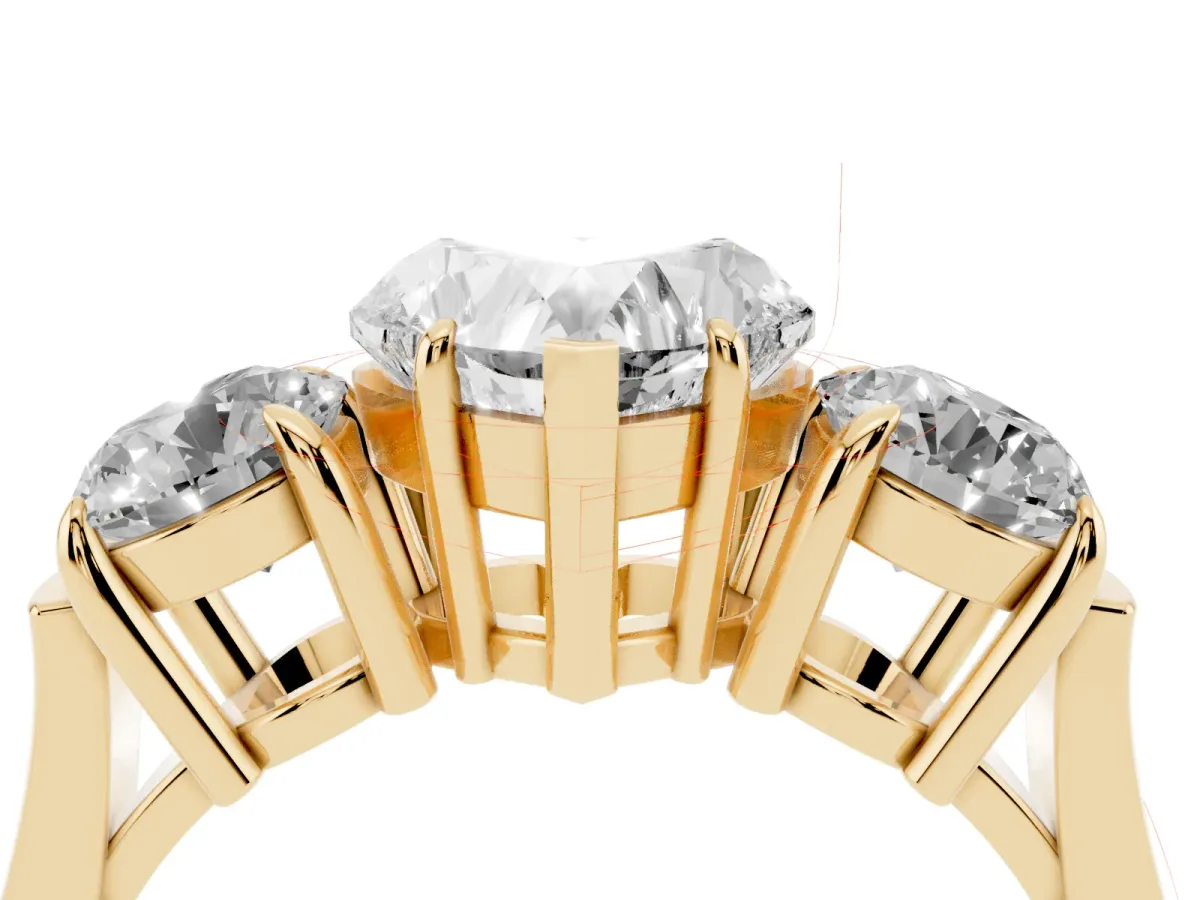 Three-Stone Heart Cut Cut Diamond Ring with Round Accent Stones, Prong Setting, and Classic Band Yellow gold