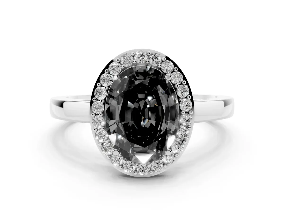 Fancy Black Oval Cut Halo Diamond Ring with Solitaire Band and Prong Setting Silver
