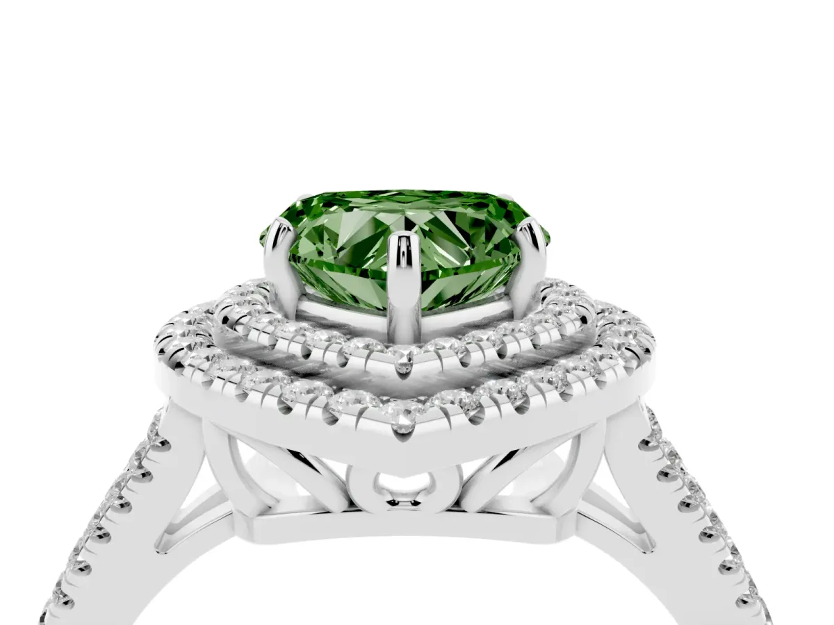 Fancy Green Heart Cut Diamond Double Halo Ring with Pavé Band and Prong Setting Silver