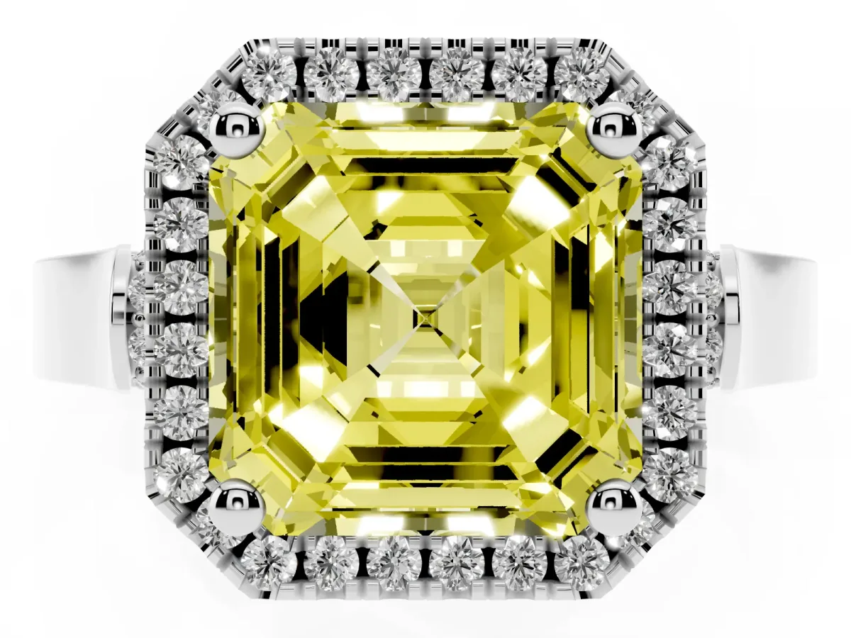 Fancy Yellow Asscher Cut Halo Pave Split Shank Prong Setting Ring Silver