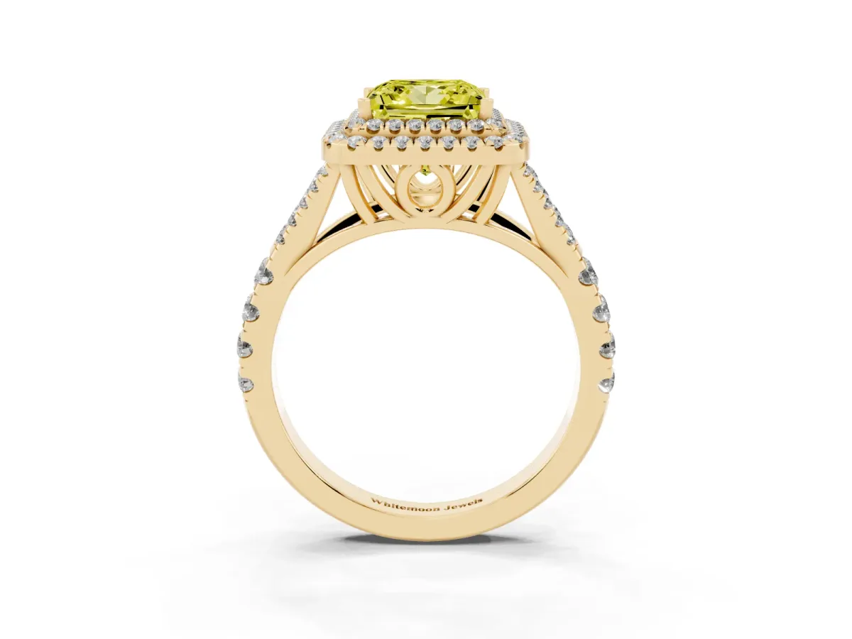 Fancy Yellow Princess Cut Diamond Double Halo Ring with Split Shank and Prong Setting Yellow gold