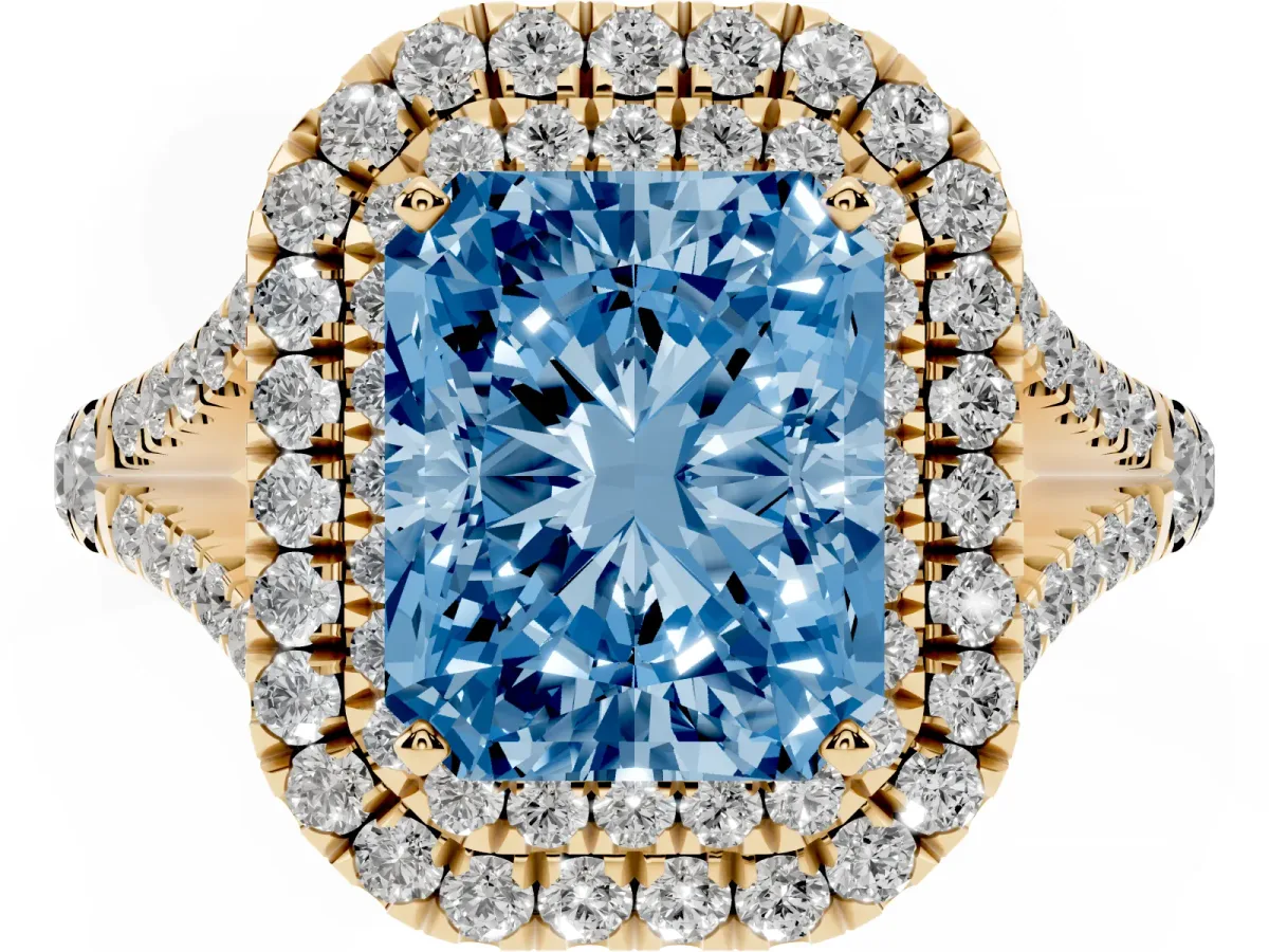 Fancy Blue Double Halo Radiant Cut Diamond Split Shank Engagement Ring with Four-Prong Setting Yellow gold