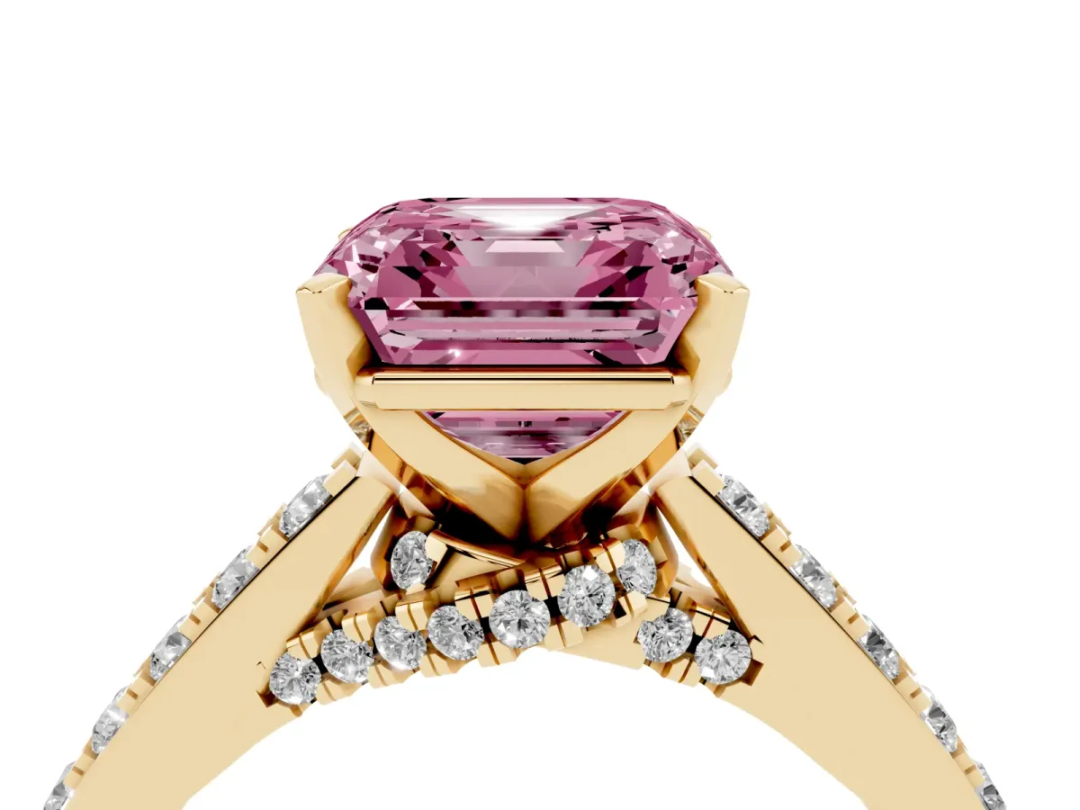 Fancy Pink Asscher Cut Diamond Solitaire Ring with Crossover Gallery and Round Pavé Band Yellow gold