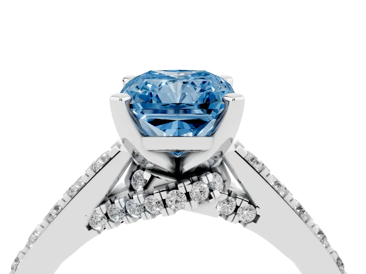 Fancy Blue Radiant Cut Diamond Solitaire Ring with Crossover Gallery and Round Pavé Band Platinum