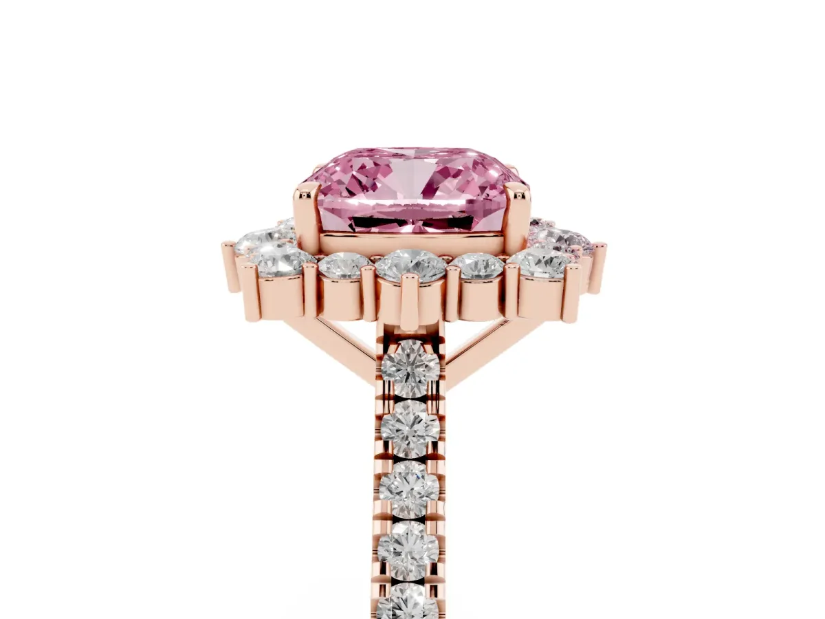 Fancy Pink Cushion Cut Halo Diamond Ring with Pavé Band and Prong Setting Rose gold