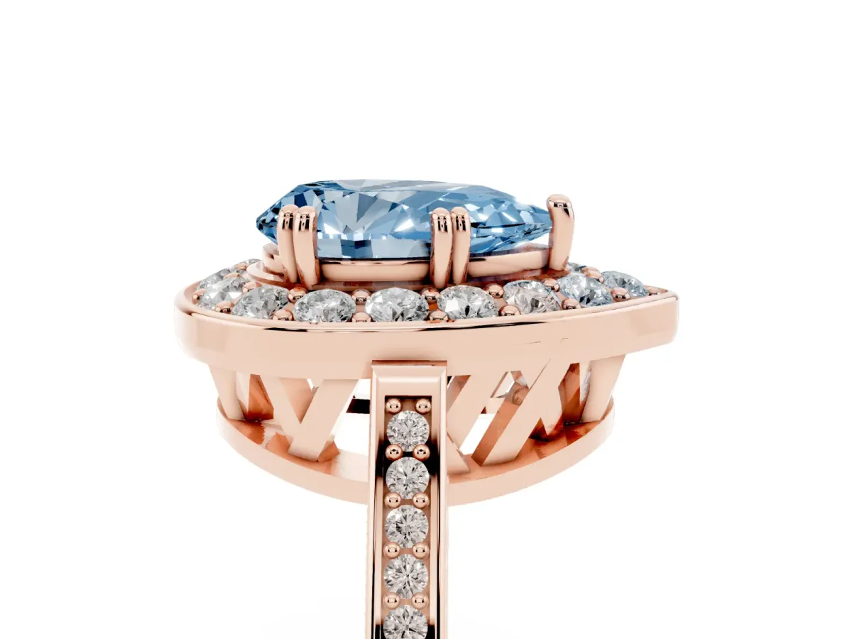 Fancy Blue Pear Cut Diamond Halo Ring with Split Shank and Four-Prong Setting Rose gold