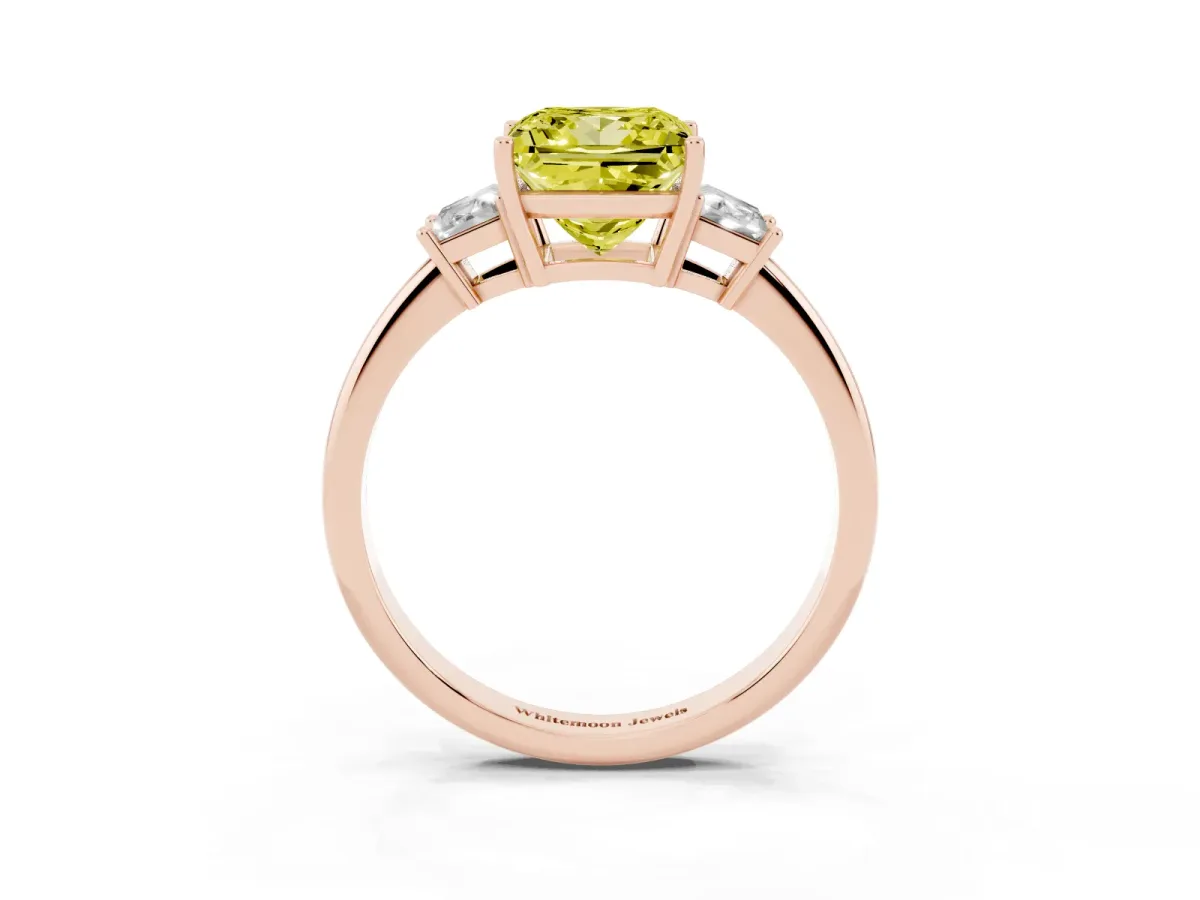 Fancy Yellow Princess Cut Diamond Three-Stone Ring with Trapezoid Side Stones and Prong Setting Rose gold