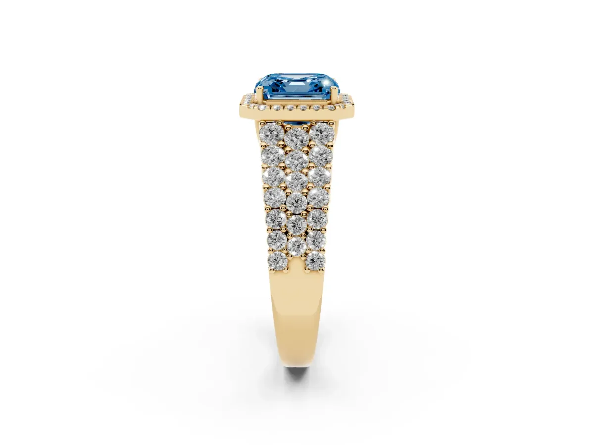 Fancy Blue Asscher Cut Diamond Halo Engagement Ring with Triple Row Round Pavé Band and Prong Setting Yellow gold