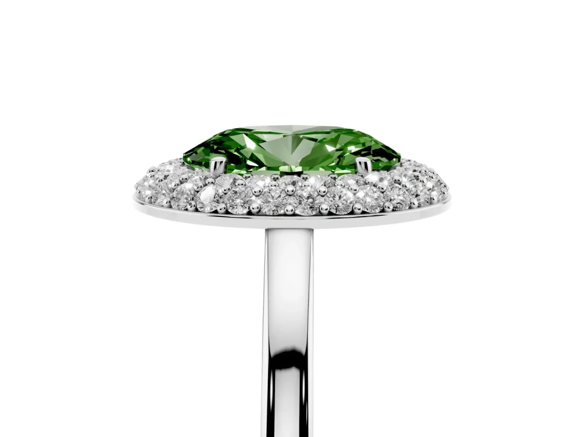 Fancy Green Oval Cut Halo Diamond Engagement Ring with Solitaire Band and Four-Prong Setting Platinum