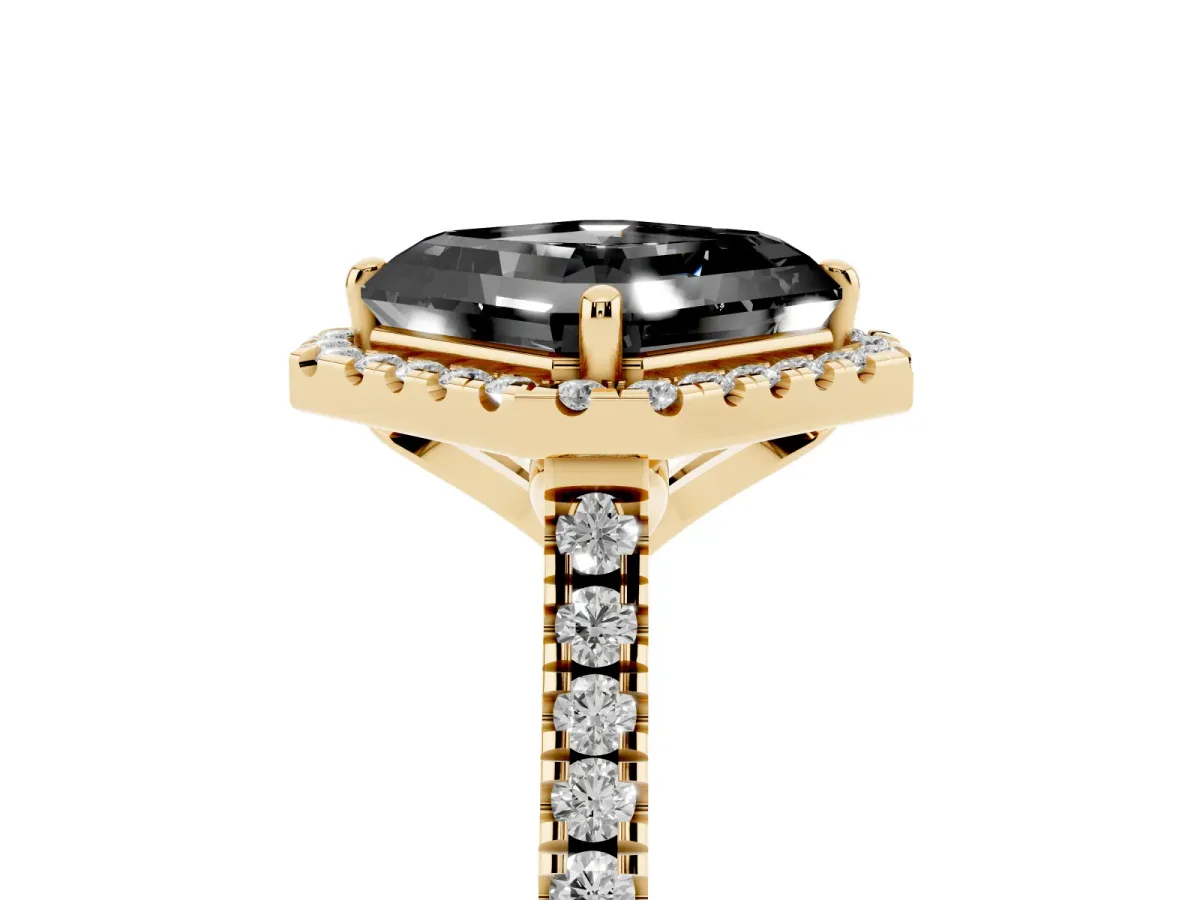 Fancy Black Asscher Cut Diamond Cushion Halo Ring with Pavé Band Yellow gold
