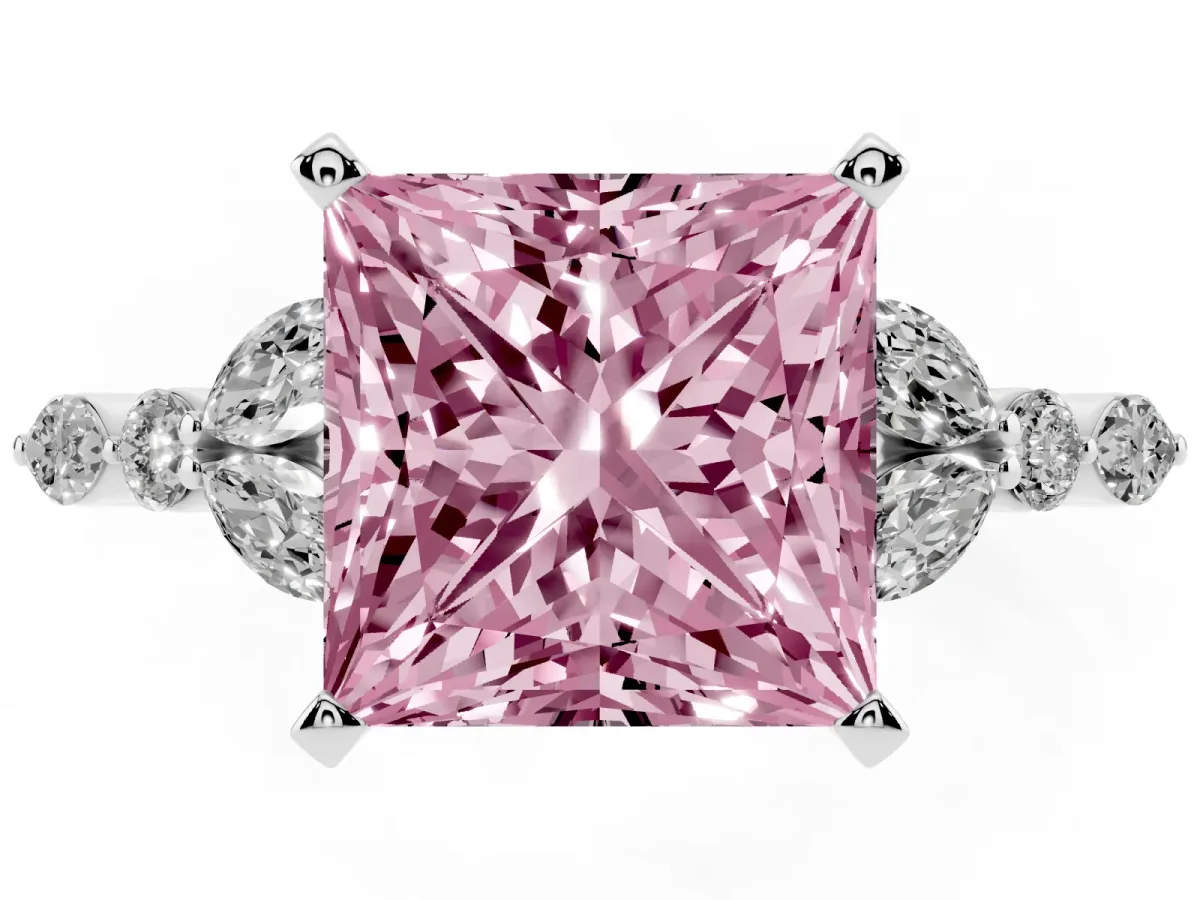 Fancy Pink Princess Cut Diamond Solitaire Ring with Side Stones and Four-Prong Setting Silver