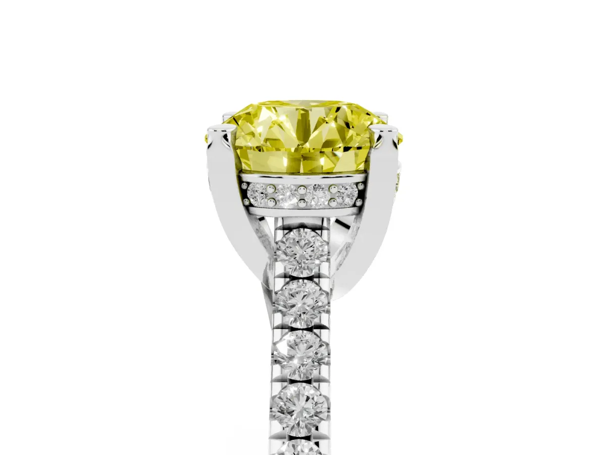 Fancy Yellow Round Cut Brilliant Diamond Solitaire with Pavé Band and Four-Prong Setting White gold