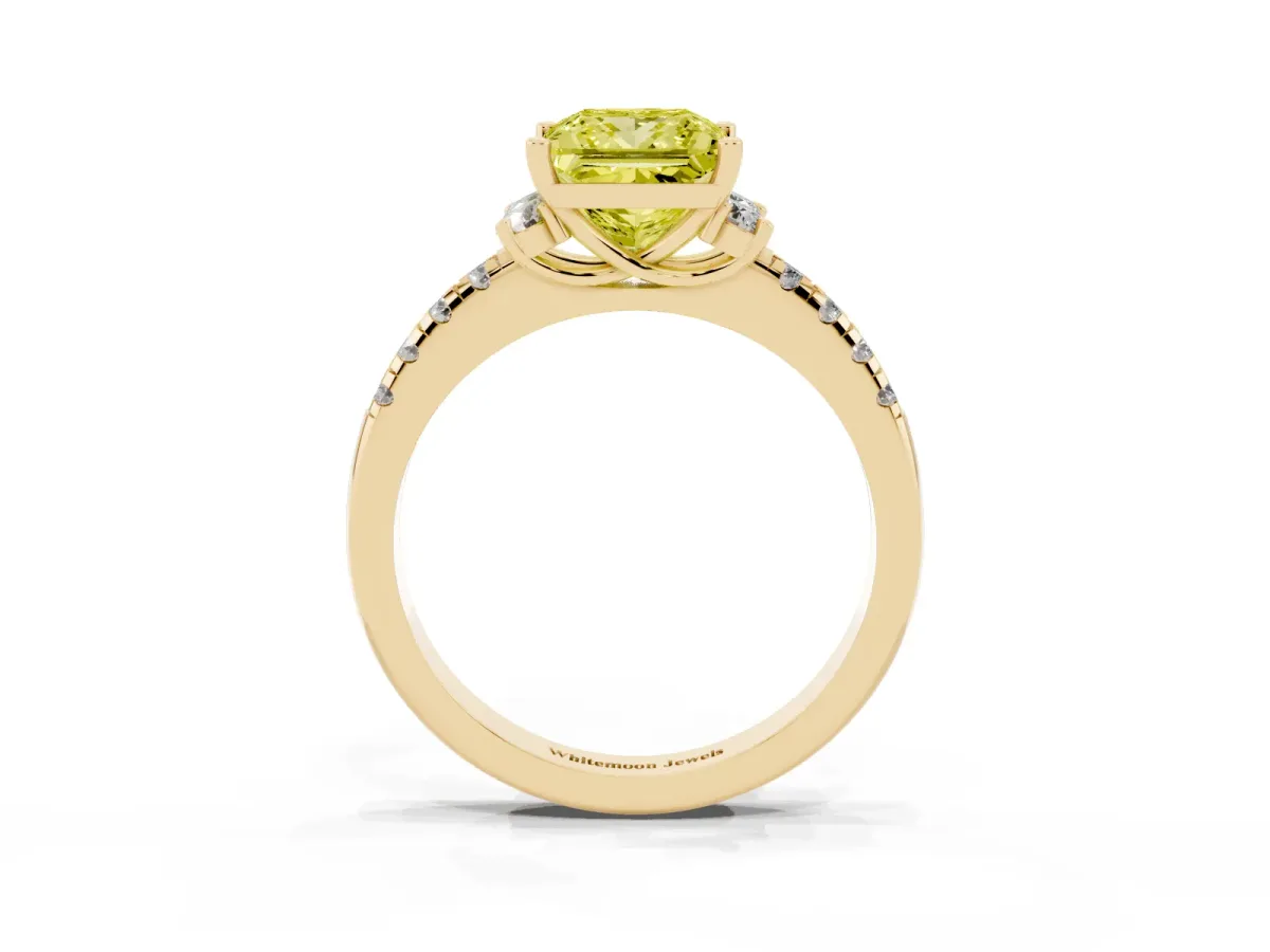 Fancy Yellow Princess Cut Diamond Three-Stone Pave Band with Four-Prong Setting Yellow gold