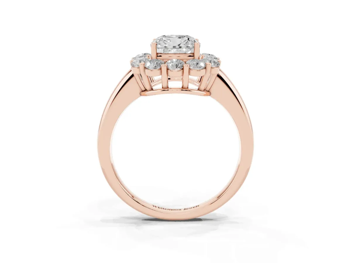Cushion Cut Halo Cluster Diamond Engagement Ring with Prong Setting and Polished Band Rose gold