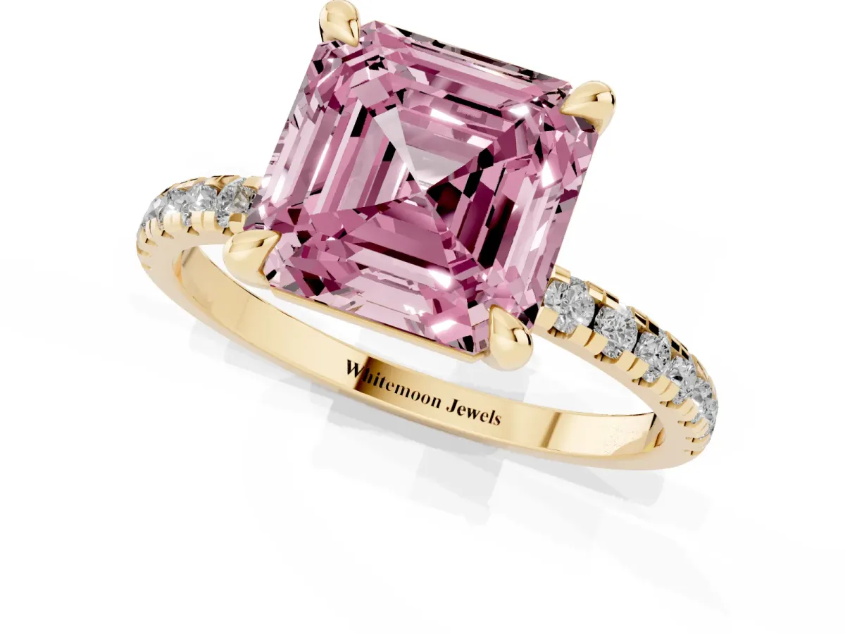 Fancy Pink Asscher Cut Diamond Brilliant Solitaire Ring with Pavé Band and Four-Prong Setting Yellow gold