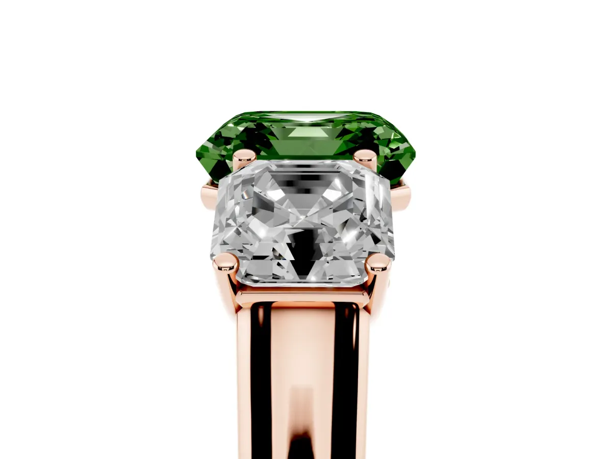 Fancy Green Asscher Cut Three-Stone Diamond Ring with Prong Setting on a Classic Band Rose gold
