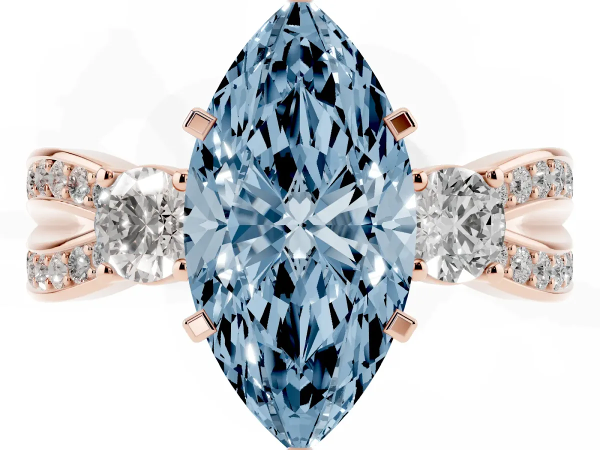 Fancy Blue Three-Stone Marquise Cut Cut Diamond Twist Band with Prong Setting Rose gold