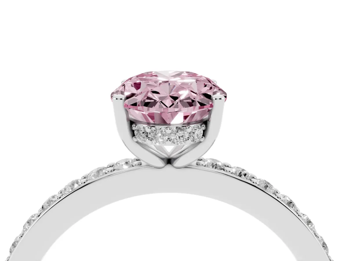 Fancy Pink Oval Cut Cut Diamond Pavé Band Ring with Four-Prong Setting Silver