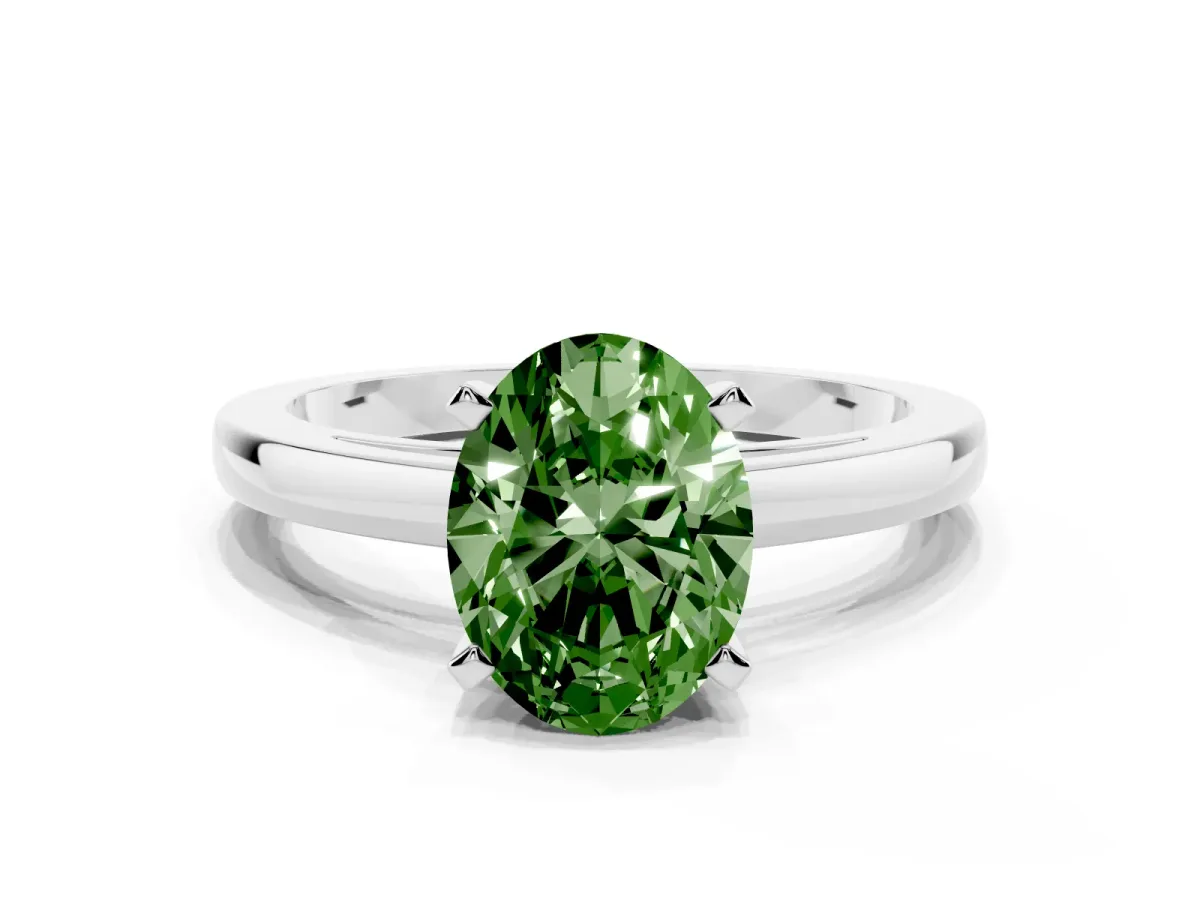 Fancy Green Oval Cut Solitaire Diamond Engagement Ring with Four-Prong Setting on a Classic Band Silver