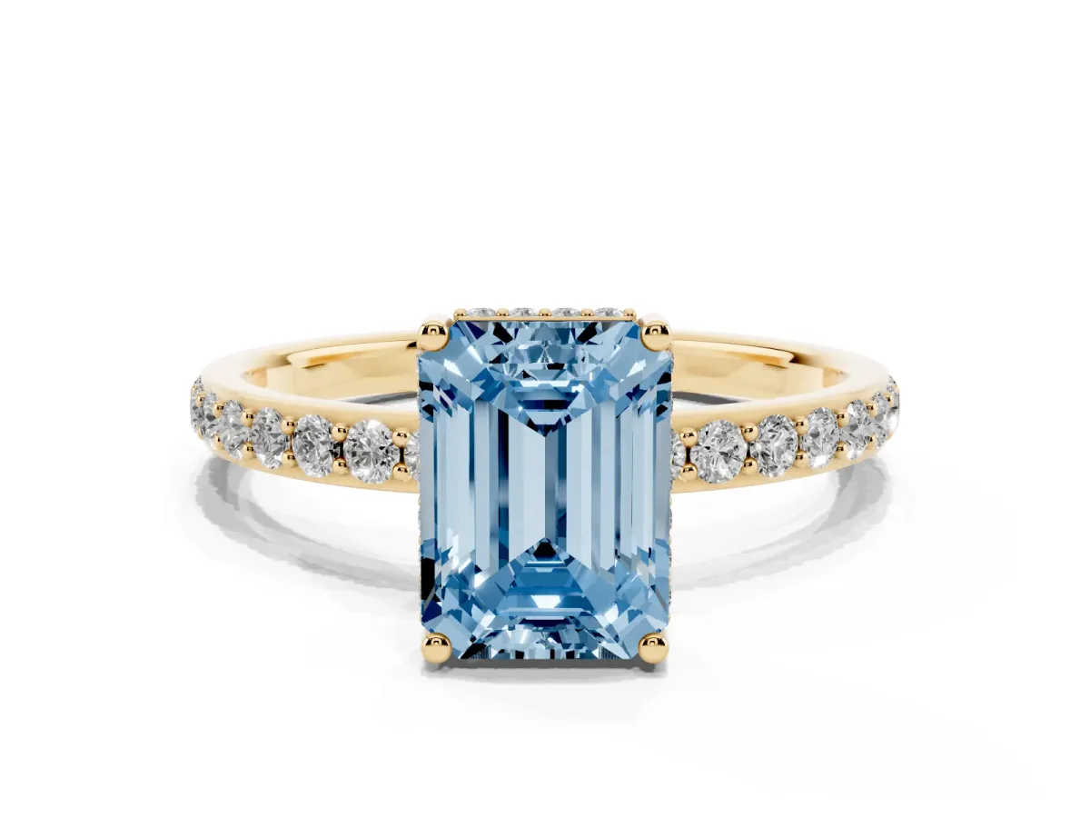 Fancy Blue Emerald Cut Diamond Solitaire Ring with Pavé Band and Hidden Halo Yellow gold