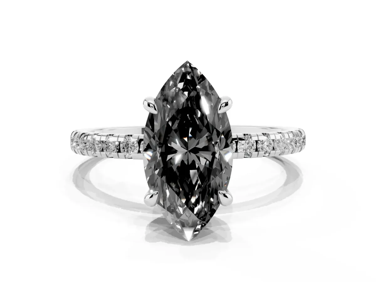Fancy Black Marquise Cut Diamond Brilliant Solitaire Ring with Pavé Band and Four-Prong Setting Platinum