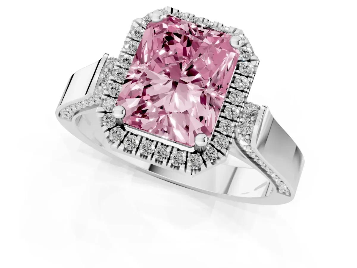 Fancy Pink Radiant Cut Halo Pave Split Shank Prong Setting Ring Silver