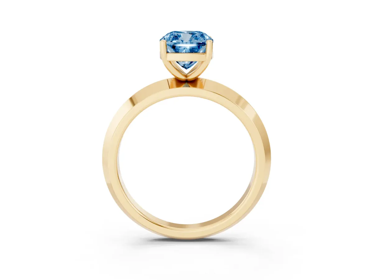 Fancy Blue Cushion Cut Cut Solitaire Engagement Ring with Flat Band and Four-Prong Setting Yellow gold