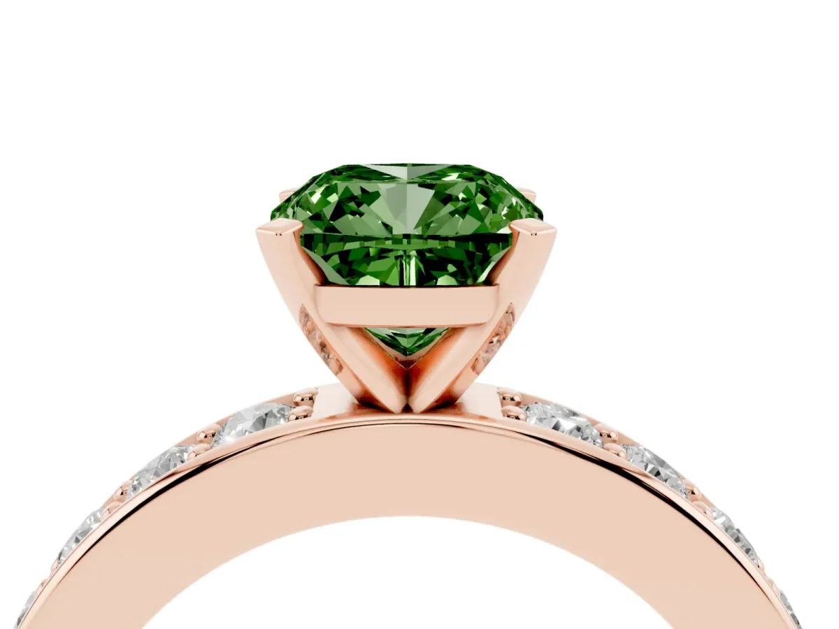 Fancy Green Cushion Cut Diamond Engagement Ring with Channel Set Round Band and Prong Setting Rose gold