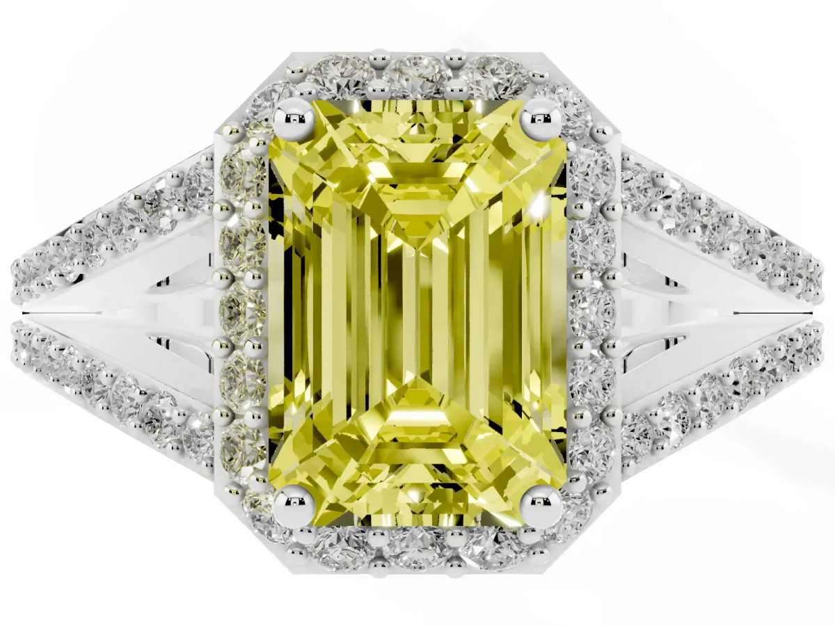 Fancy Yellow Emerald Cut Halo Split Shank Diamond Ring with Prong Setting Platinum