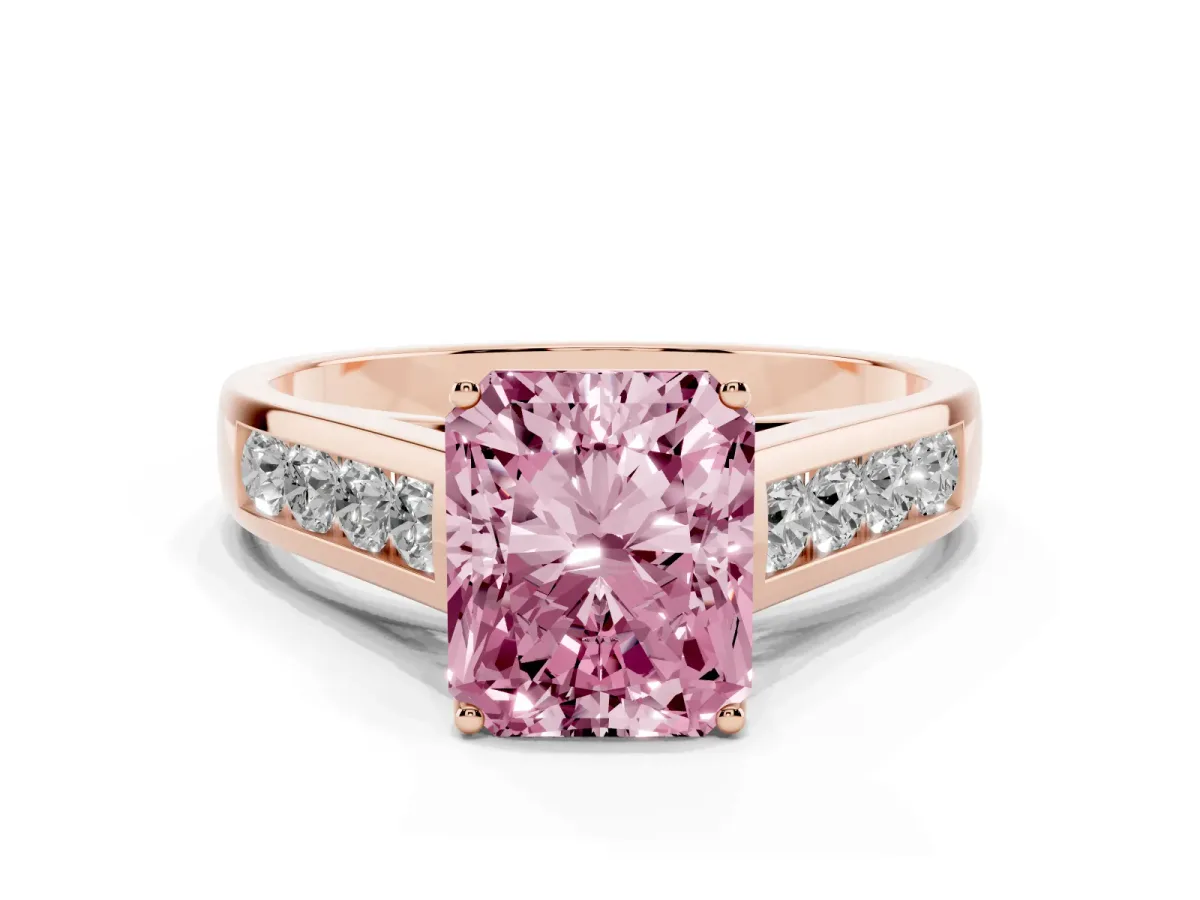 Fancy Pink Radiant Cut Solitaire Channel-Set Diamond Engagement Ring with Four-Prong Setting Rose gold